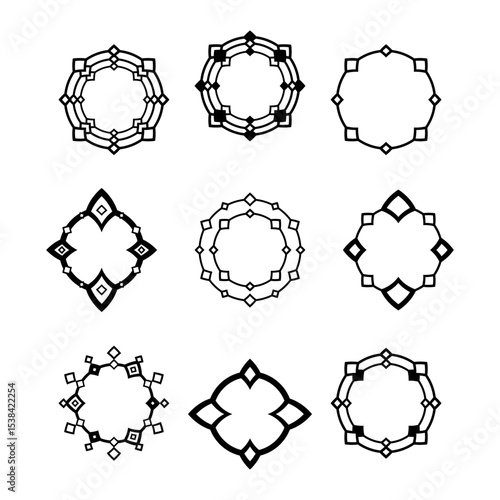 Big set of 9 black round frames decorated with rhombs isolated on white background. Collection of graphic design elements.