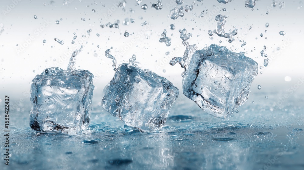 Cubitos de hielo caen sobre agua, cubitos de hielo en el aire, Cubitos de hielo caen sobre agua, cubitos de hielo en el aire,