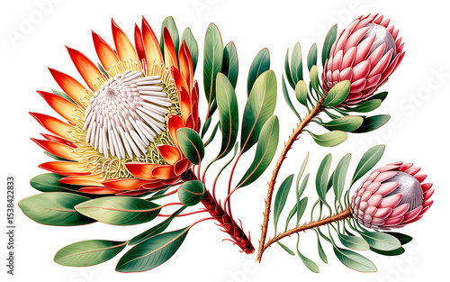 King protea flowers botanical illustration