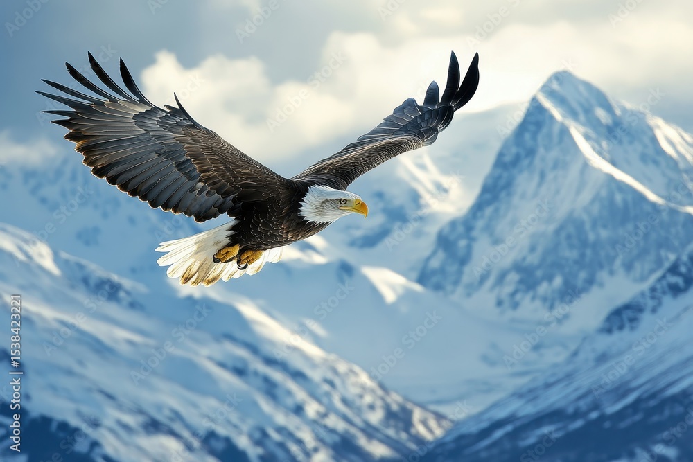 Fototapeta premium Majestic eagle soaring gracefully over snowcapped mountains under a cloudy sky highlighting the beauty of nature at high altitude