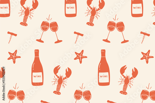 A doodle-style pattern about Mediterranean cuisine and wine. Hand-drawn lobster and wine.