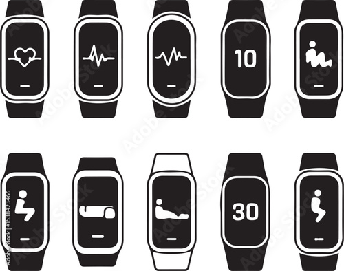 A collection of black and white icons representing various smartwatches with different health and fitness tracking functions vector art on white