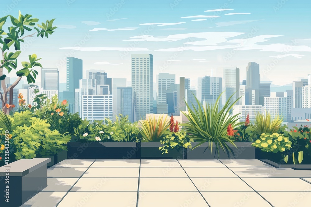 Fototapeta premium Urban rooftop garden overlooks city skyline filled with skyscrapers, greenery, and vibrant flowers during a clear day