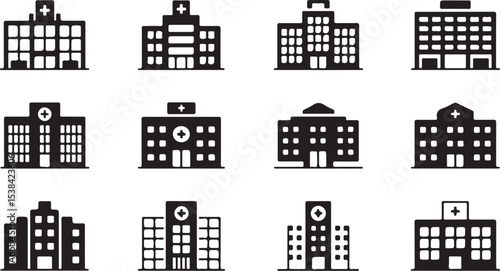 Collection of simple, stylized icons depicting various hospital building designs vector art on white