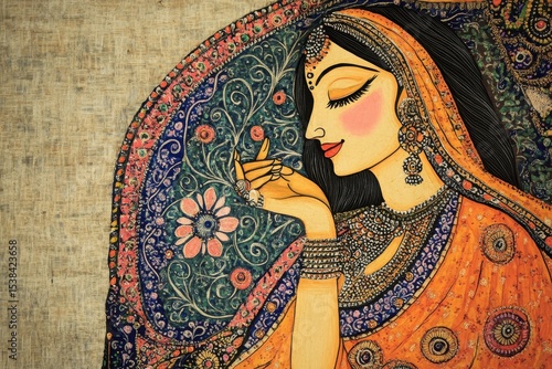 Colorful traditional Madhubani art showcasing a woman adorned with intricate jewelry, holding a flower against a vibrant background