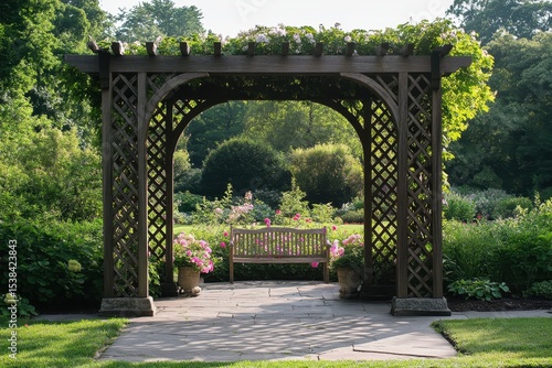 Graceful adornment of trellis with climbing vines enhances a serene garden space at midday  inviting visitors to enjoy nature s beauty from a cozy bench