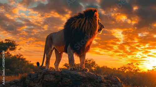 Majestic lion standing on a rocky cliff at sunset