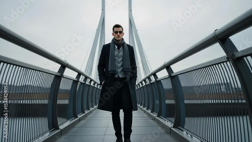 Wallpaper Mural Stylish man in black coat walking alone on modern bridge on cloudy day with minimalistic background. Concept of urban solitude Torontodigital.ca