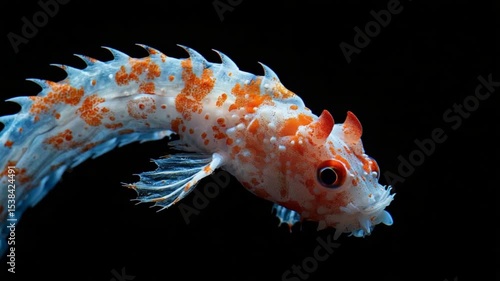 A vibrant close-up of a unique fish with colorful patterns swimming against a dark backdrop