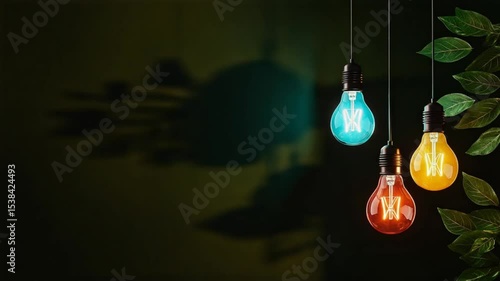 Colorful hanging light bulbs illuminating a dark background with leafy shadows