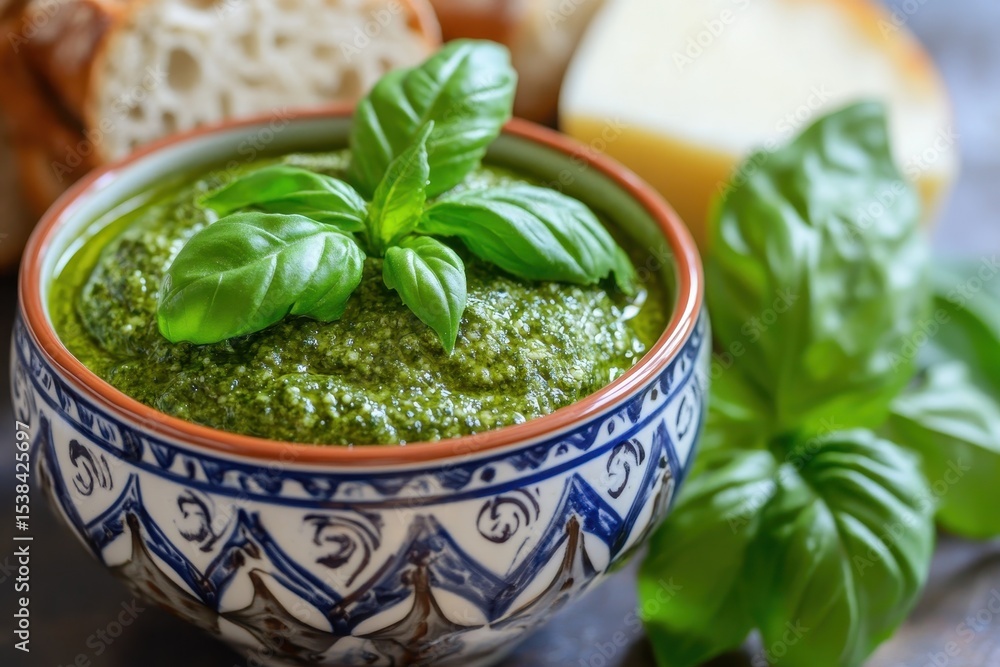Pesto served in a beautifully decorated bowl garnished with fresh basil and accompanied by bread and cheese on a rustic wooden table Pesto served in a beautifully decorated bowl garnished with fresh basil and accompanied by bread and cheese on a rustic wooden table
