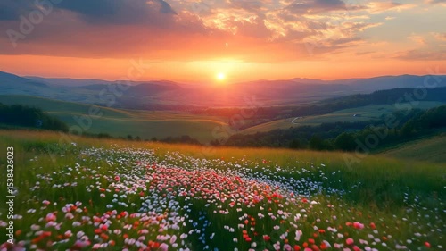 Wallpaper Mural Sunset over a vibrant wildflower meadow with a winding path Torontodigital.ca