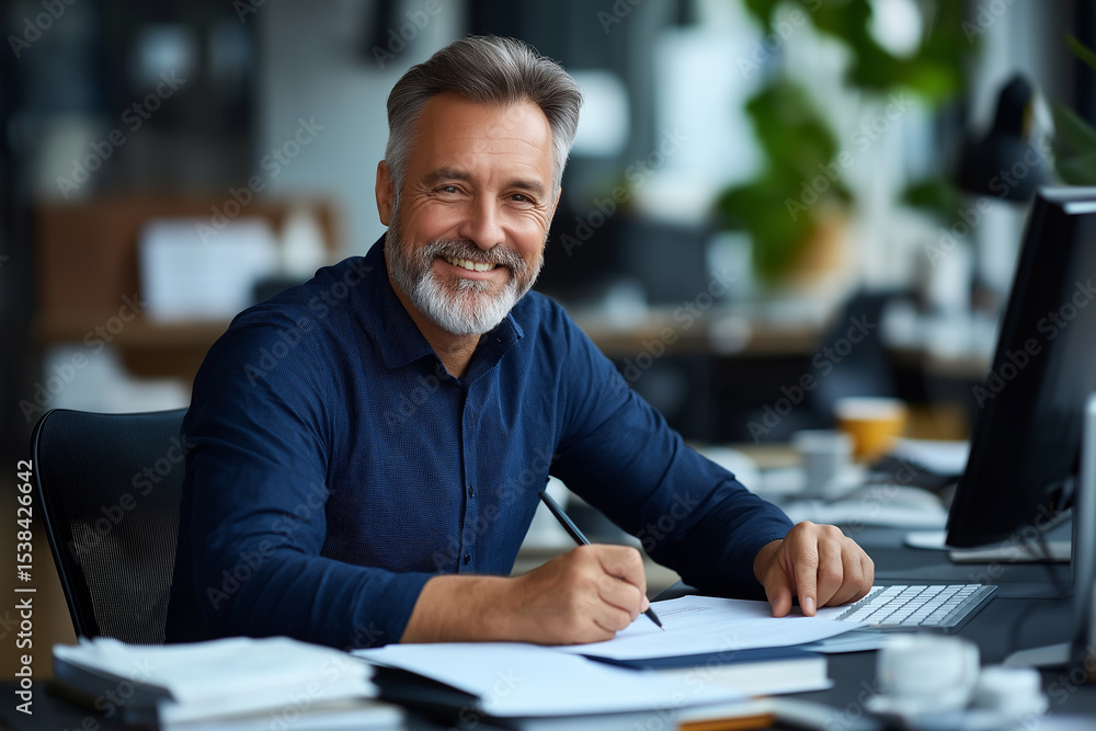 Fototapeta premium Accountant man reviewing financial statements and invoices for business tax preparation