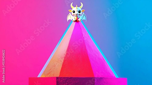Colorful animated character perched atop a vibrant pyramid in a surreal gradient background