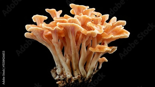 Vibrant cluster of orange mushrooms growing from a dark surface, showcasing intricate details