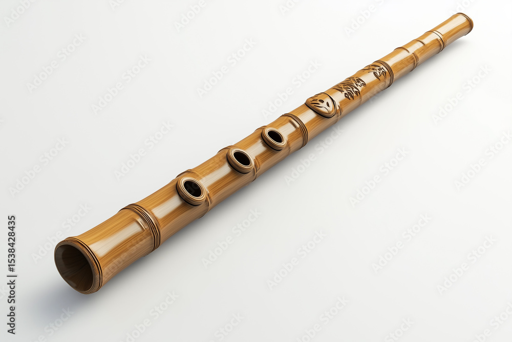 Naklejka premium A beautiful wooden folk flute, an isolated traditional musical wind instrument, on a white background