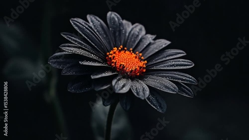Close-up of a black flower with vibrant orange center, set against a dark, moody background