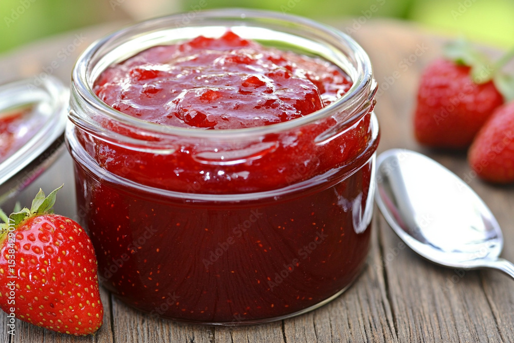 Strawberry jam in a glass jar garnished with fresh berries Strawberry jam in a glass jar garnished with fresh berries