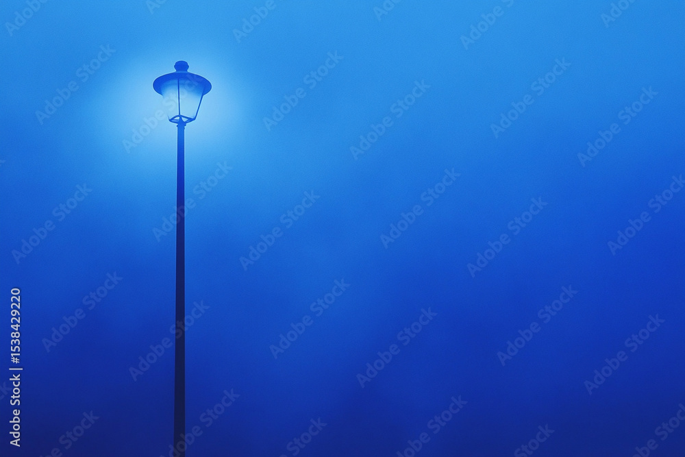 Glowing streetlamp radiates light through thick fog at night Glowing streetlamp radiates light through thick fog at night
