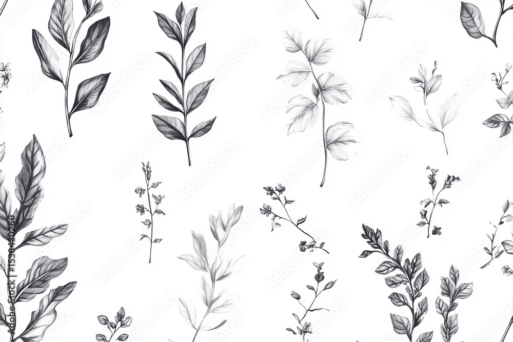 Seamless vector floral pattern with black and white flowers, leaves, and branches for a decorative nature-inspired design Seamless vector floral pattern with black and white flowers, leaves, and branches for a decorative nature-inspired design
