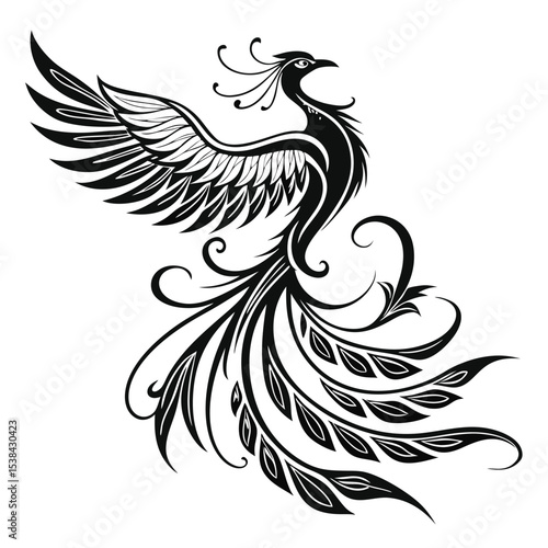 Elegant phoenix soars with intricate black detailing against a stark white background
