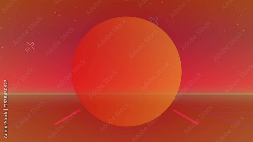 Following horizon start, rising glowing sphere pulsing shapes on neon grid floor before descending Following horizon start, rising glowing sphere pulsing shapes on neon grid floor before descending