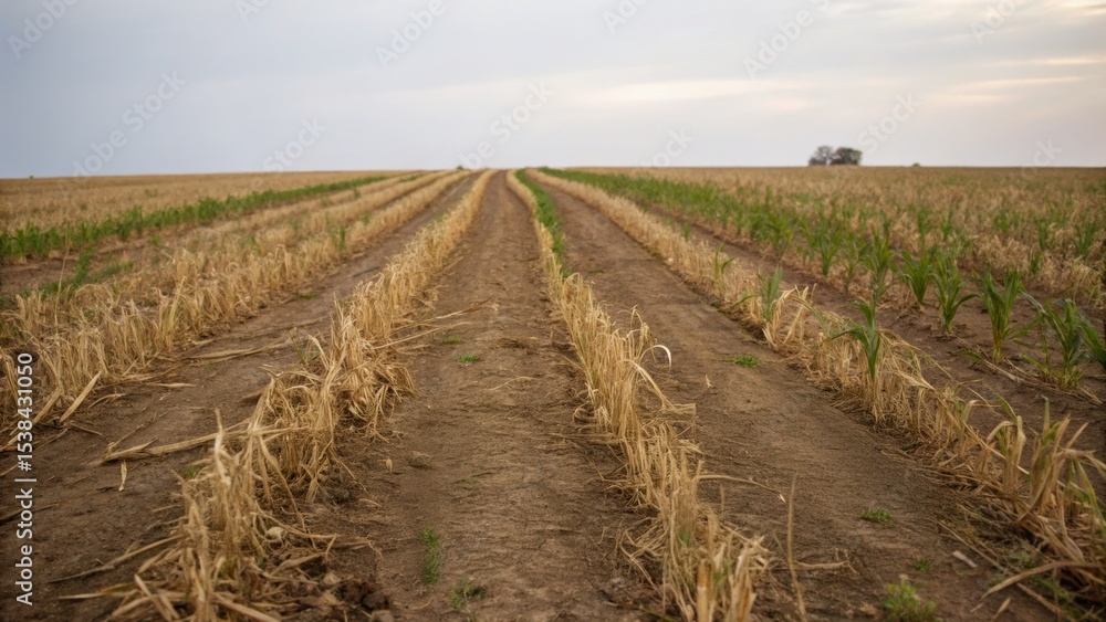 Obraz premium Oil price impact concept. A vast, empty field with furrows and sparse vegetation under a cloudy sky.