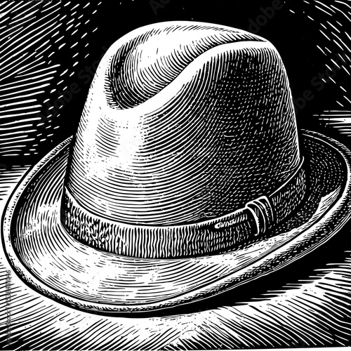 Vintage Fedora Hat Illustration in Black and White Woodcut Style