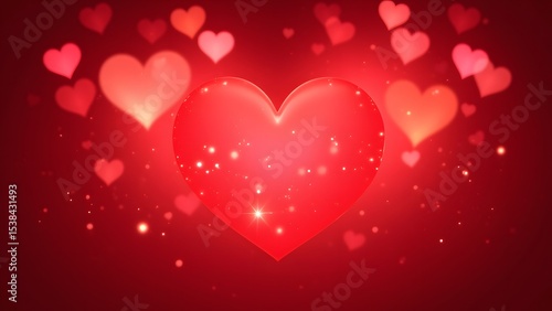 A radiant red heart glows brightly, surrounded by a flurry of smaller, shimmering hearts. A beautiful Valentines Day or love-themed image.