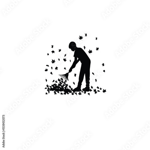 boy collecting leaves silhouette on white background
