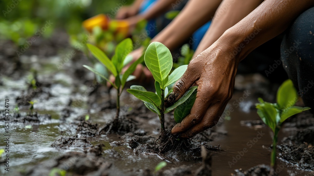 Hands planting seedlings in muddy soil Hands planting seedlings in muddy soil