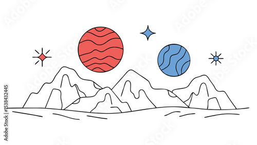 Minimalist Alien Landscape with Planets and Mountains
