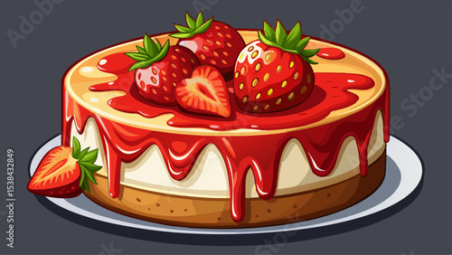 A delicious cheesecake topped with fresh strawberries and a glossy red glaze, featuring a crumbly crust and creamy filling. Very beautiful