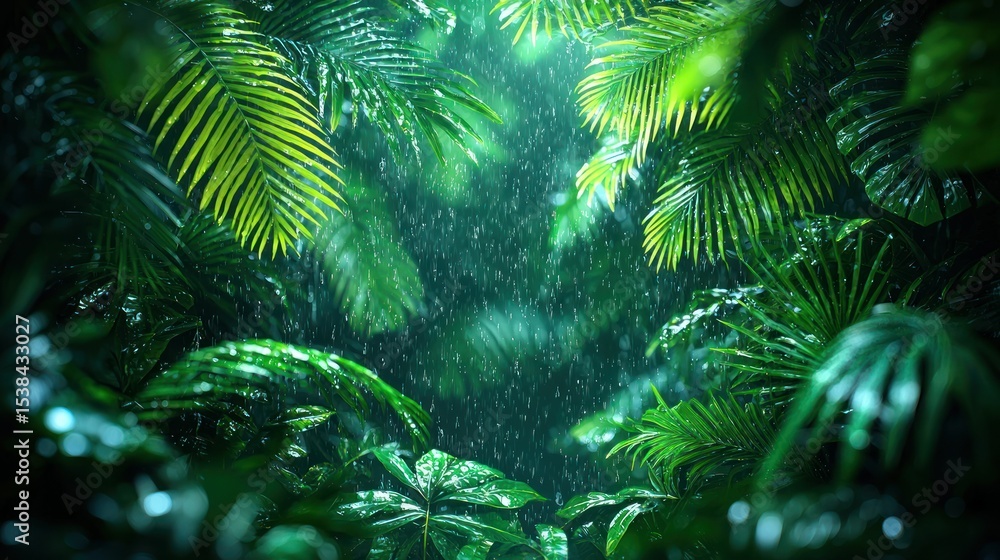 Lush rainforest scene in rain Lush rainforest scene in rain