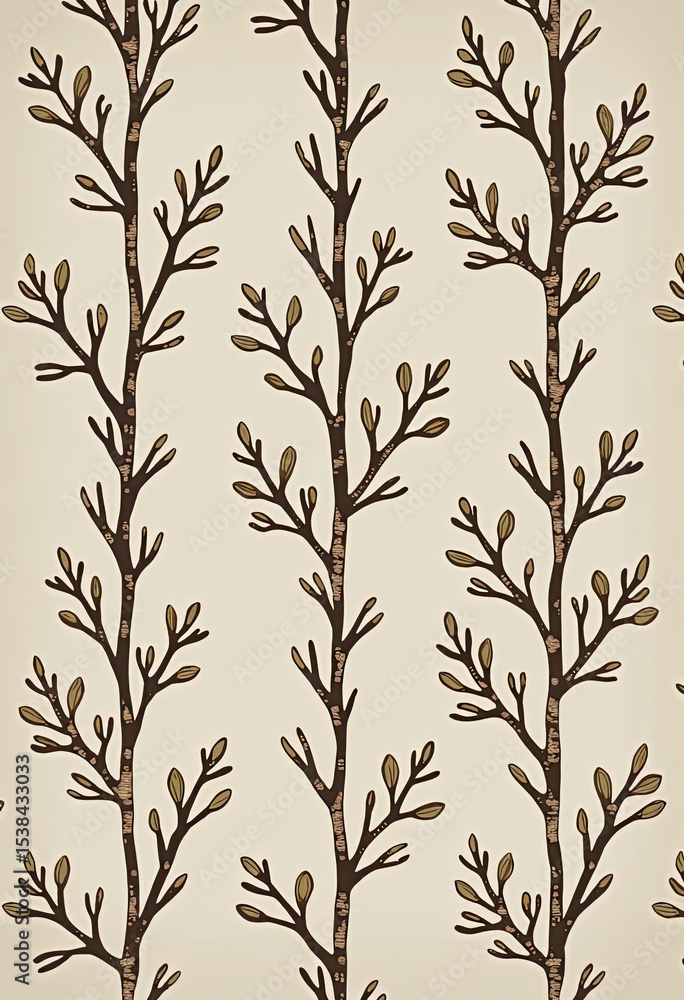 A rustic, hand-drawn seamless pattern of vertical tree branches with small buds, creating a simple, Scandinavian-inspired design for cozy home textiles.
A rustic, hand-drawn seamless pattern of vertical tree branches with small buds, creating a simple, Scandinavian-inspired design for cozy home textiles.