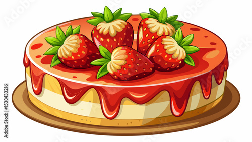 A delicious cheesecake topped with fresh strawberries and a glossy red glaze, featuring a crumbly crust and creamy filling. Very beautiful