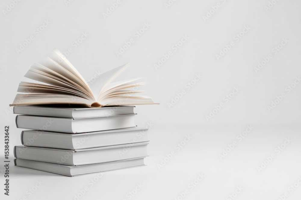 Fototapeta premium Realistic stack of books with some open at various angles, pages curling naturally and subtle shadows cast around