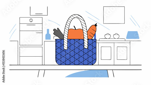 Blue Quilted Tote Bag with Groceries in Modern Kitchen