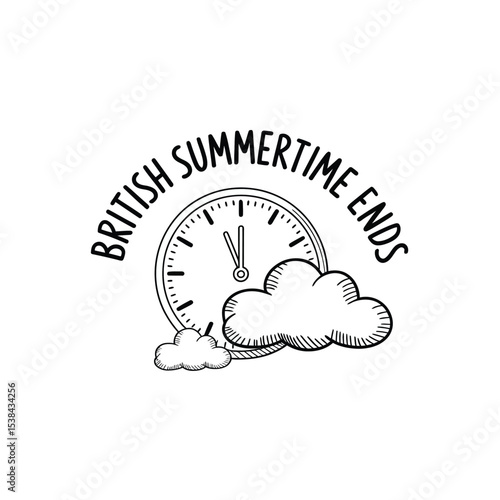 British Summertime Ends Clock Clouds Line Drawing Vector Illustration