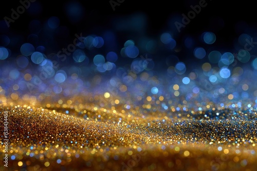 Gold glitter ground fades into blue bokeh dark background