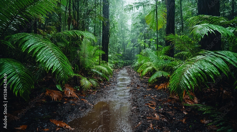 Fototapeta premium Lush rainforest trail in misty rain