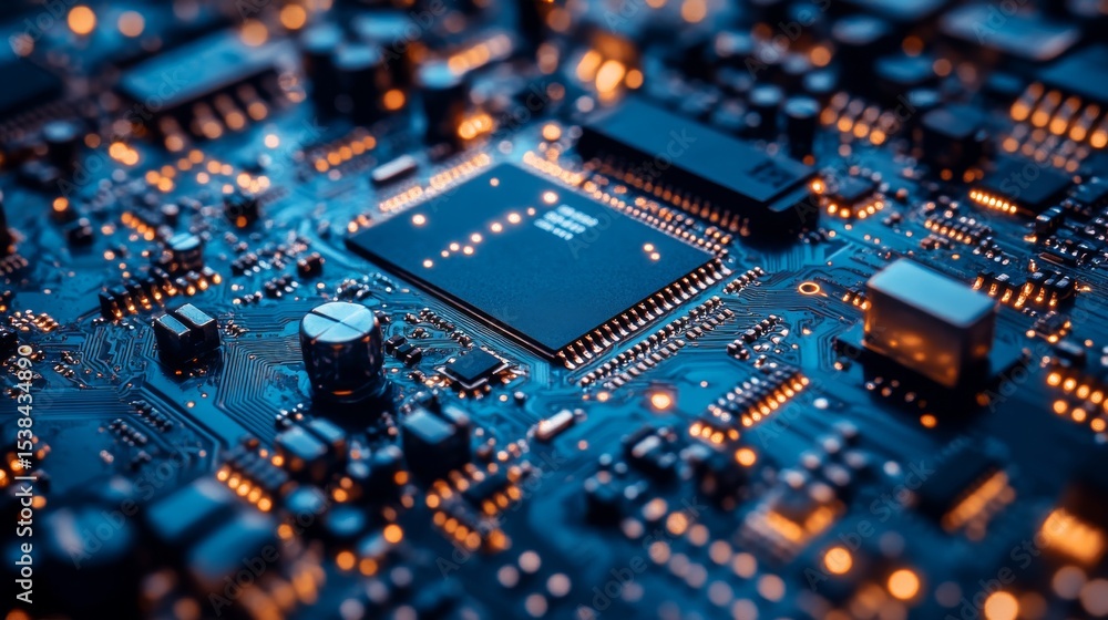 Close-up of a blue laptop motherboard with electronic circuits, chips, and connectors representing modern computer hardware and high-tech innovation
Close-up of a blue laptop motherboard with electronic circuits, chips, and connectors representing modern computer hardware and high-tech innovation