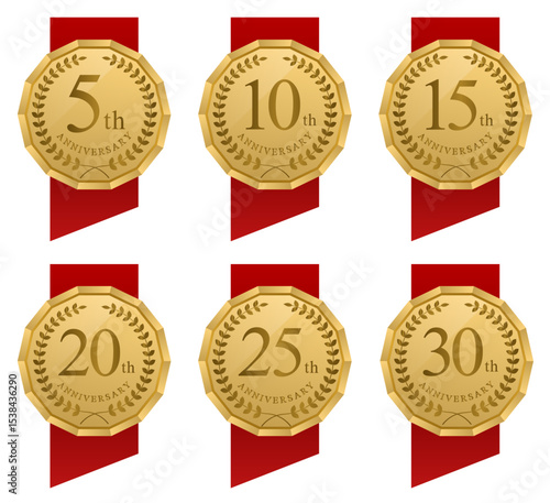 周年・10周年・15周年・20周年・25周年・30周年のアニバーサリーロゴ(anniversarry logo エンブレム 月桂樹 お祝い ベクター 編集可能 シンプル 赤 リボン メダル 金メダル)