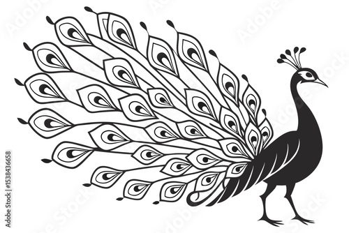 Elegant peacock displays its iconic tail feathers in a monochrome stylistic outline against white