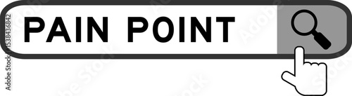 Search banner in word pain point with hand over magnifier icon on white background