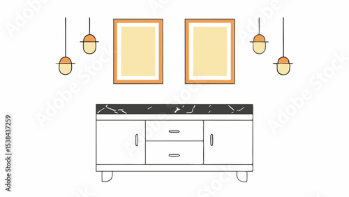 Modern Minimalist Interior Design with Sideboard, Pictures, and Pendant Lights