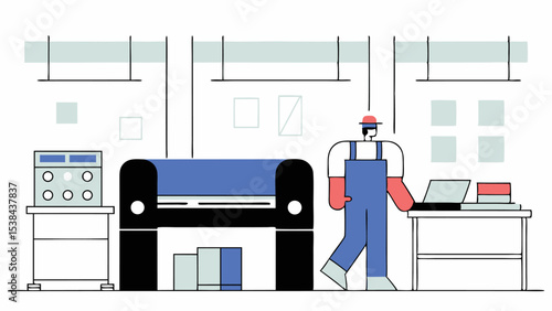 Worker Operating Large Format Printer in Modern Print Shop