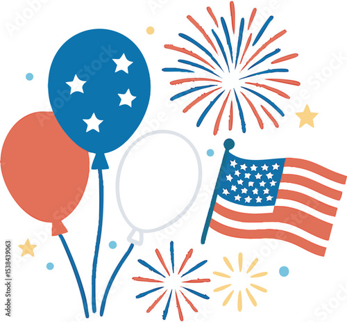 Celebration of Independence Day with balloons and fireworks featuring the American flag in a festive atmosphere