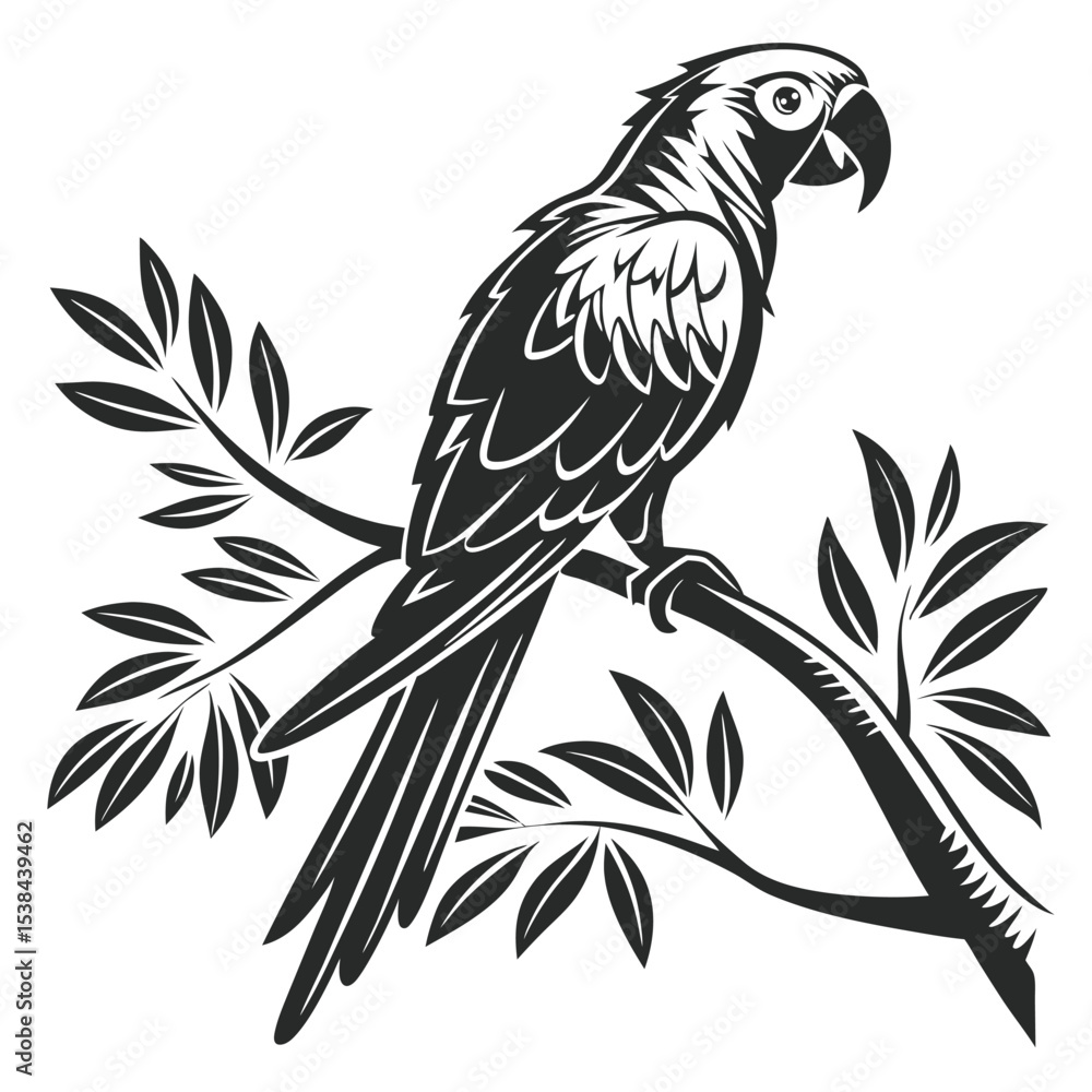 Fototapeta premium Monochromatic parrot settles onto a branch amidst stylized foliage in a simple design