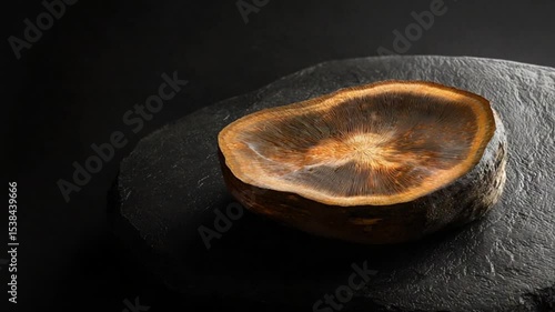 Cross-section of a unique wooden log slice resting on a dark stone surface, showcasing natural patterns